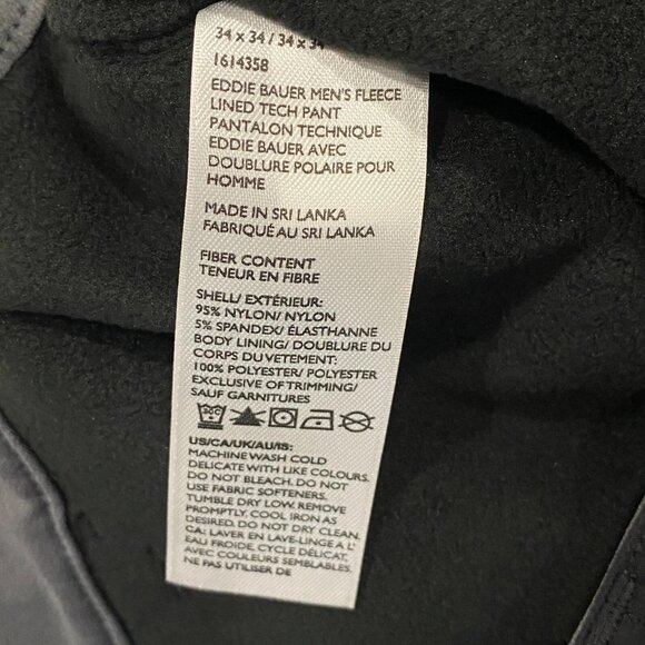 Eddie Bauer Fleece Lined Tech Pants Mens 34 x 34 Black Water Repellent Insulated - Picture 12 of 13